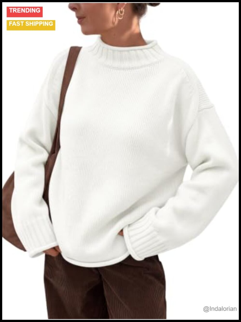 Oversized Mock Neck Knit Sweater Cotton Blend Pullover Fall